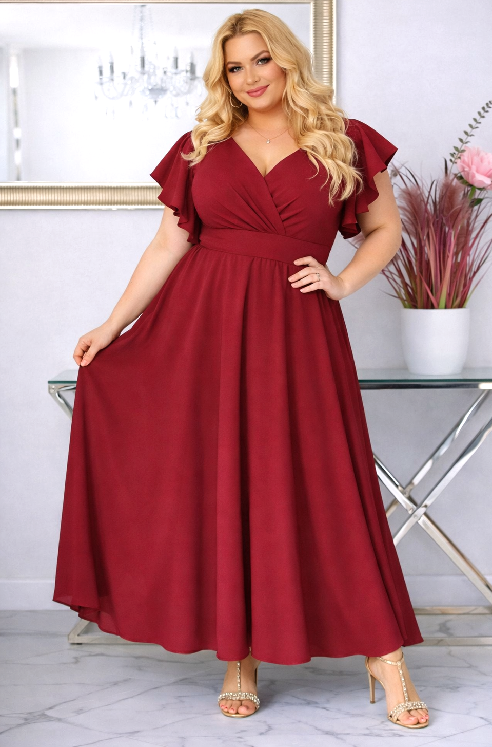 Sukienka plus size rozkloszowana z efektownymi falbanami KOD S1063 ( r. 48-56)  