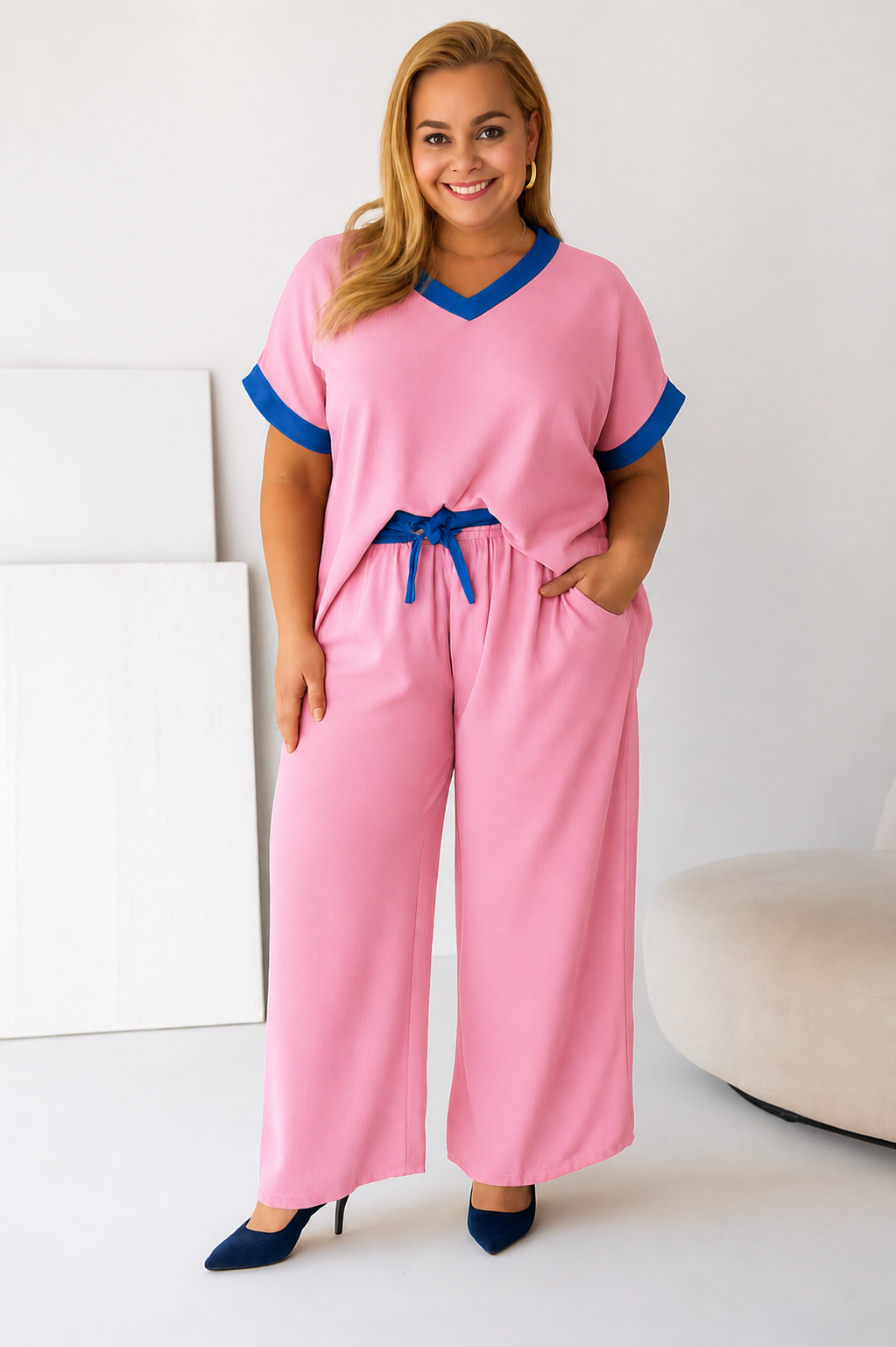 Komplet plus size z dekoltem V i lamówką  ( r. 50-56)    