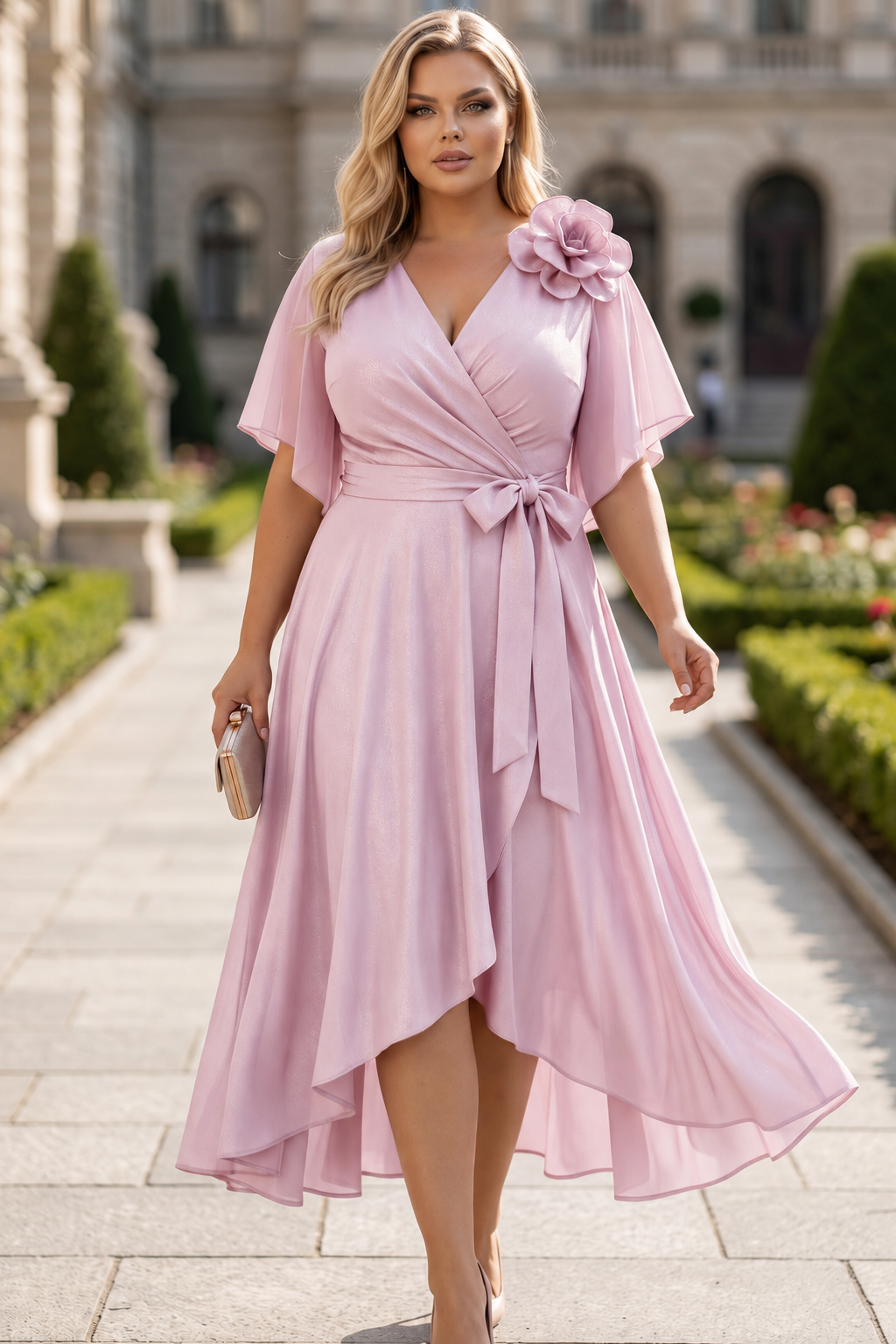 Sukienka wieczorowa plus size AURORA MIDI pastel pink glossy ( r. 48-50)   