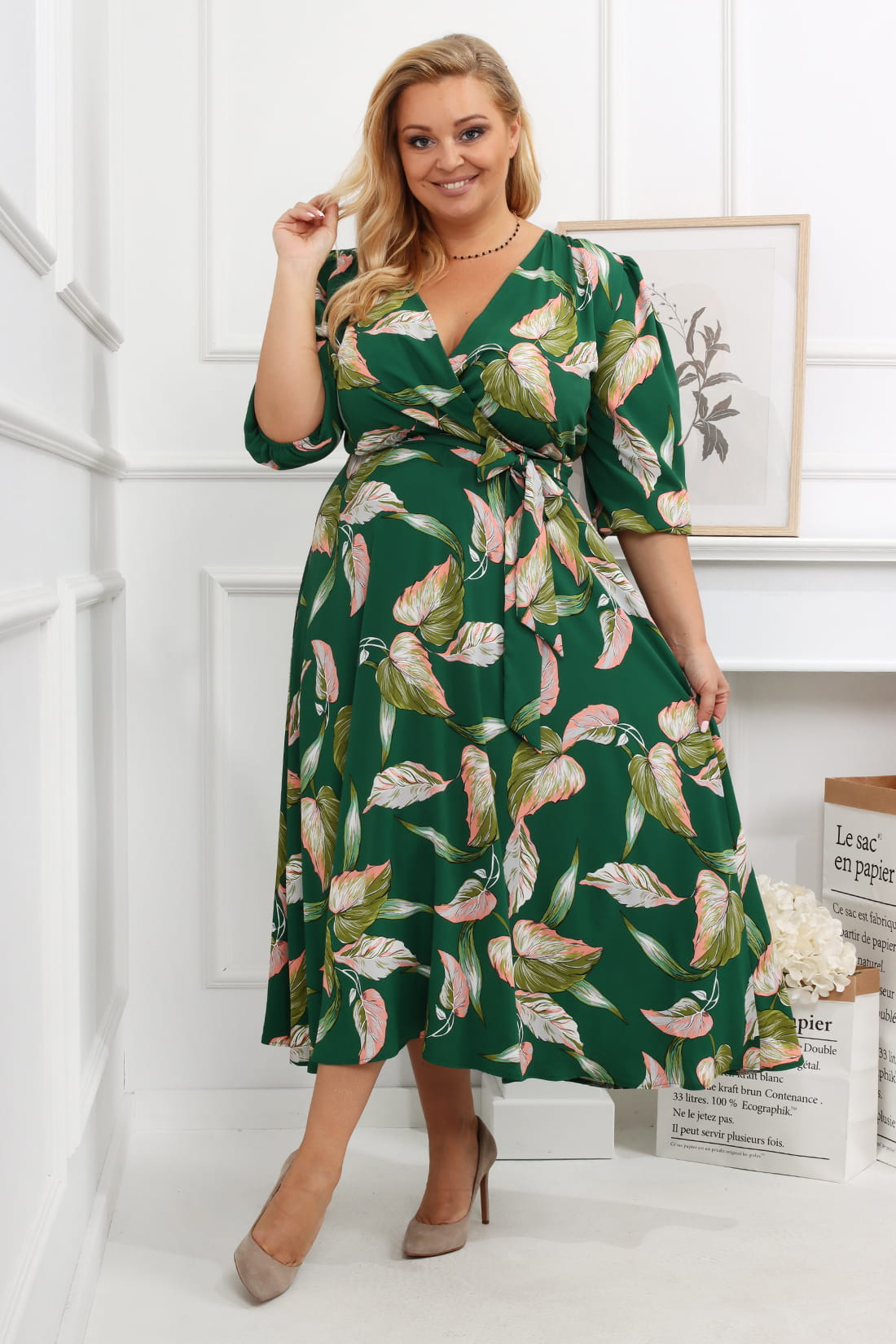 Sukienka plus size Salma zielona w liście  (r. 44-54)   