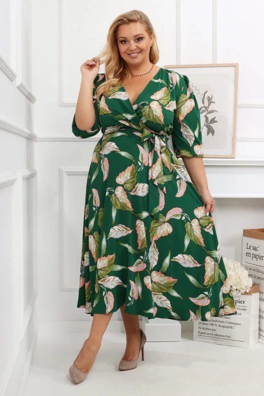 Sukienka plus size Salma zielona w liście  (r. 44-54)   