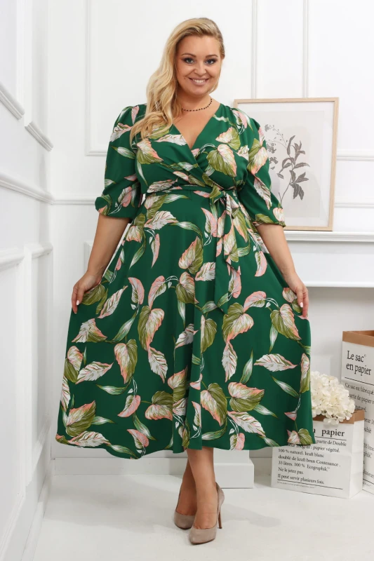 Sukienka plus size Salma zielona w liście  (r. 44-54)   