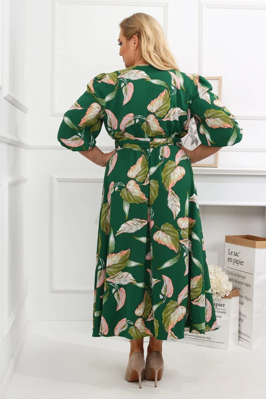 Sukienka plus size Salma zielona w liście  (r. 44-54)   