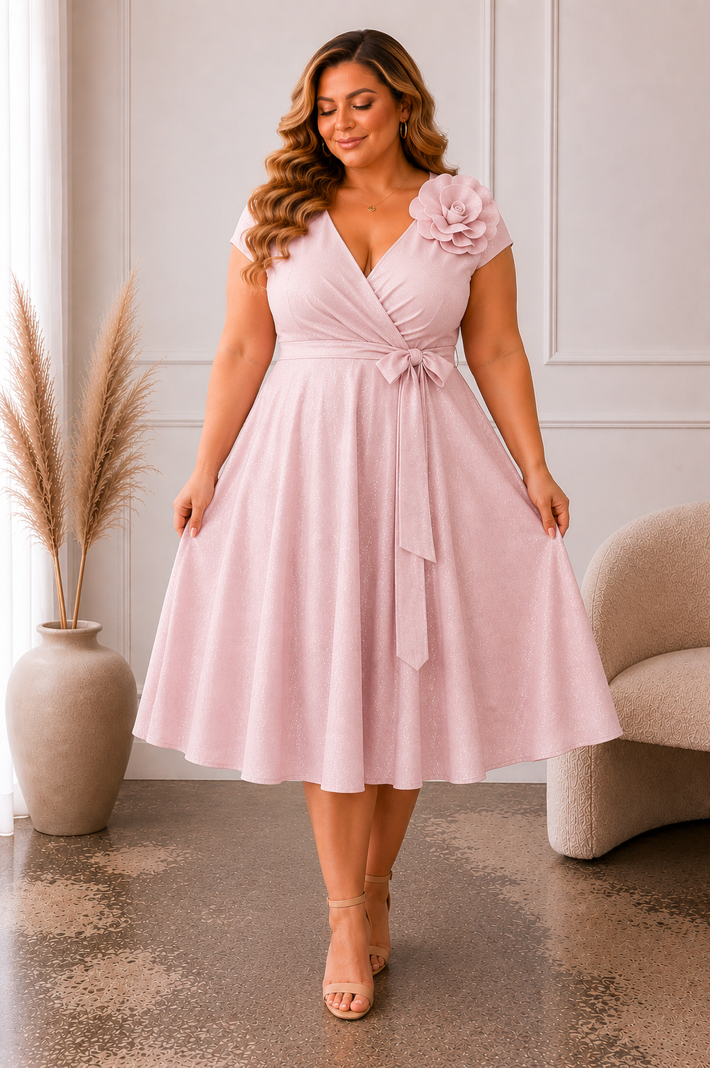 Sukienka wieczorowa plus size NINA FLOWER PASTEL PINK GLOSSY ( r. 46-50) 