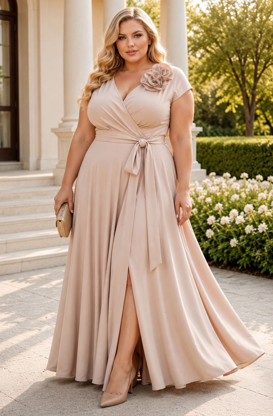 Sukienka wieczorowa plus size NATALIA flower gold beige glossy ( r. 46-50)   