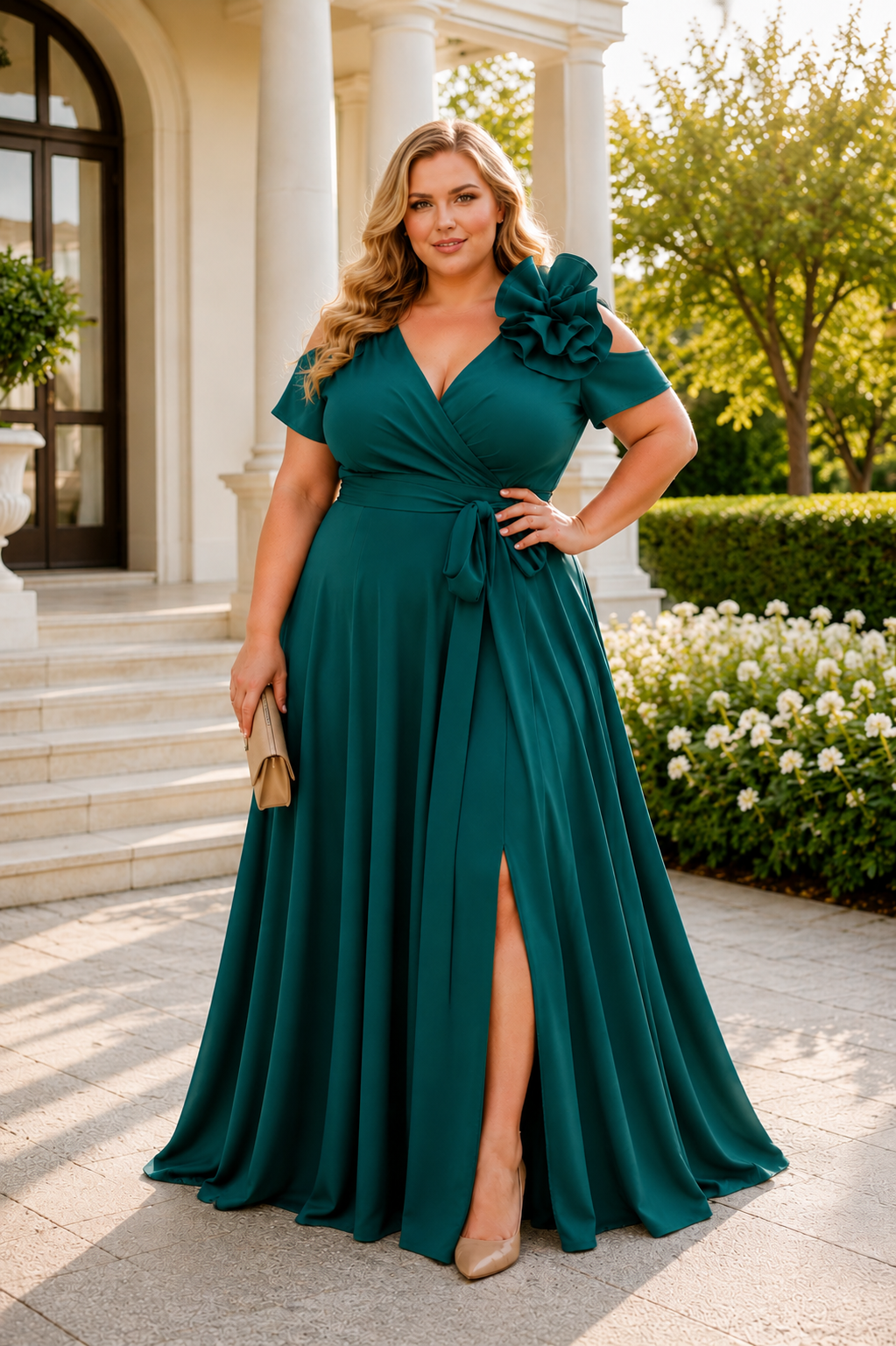 Sukienka wieczorowa plus size GALA flower green glossy ( r. 48-50)
