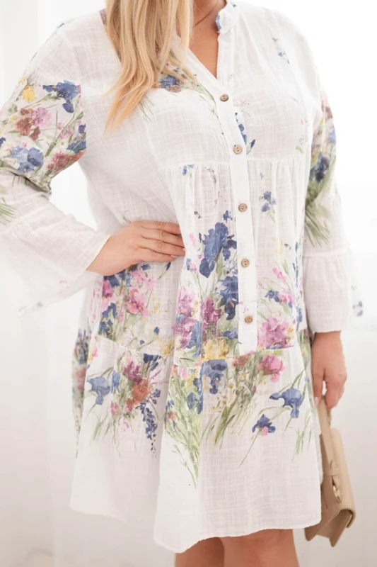 Sukienka damska bawełniana oversize z falbaną i guzikami Plus Size  FLOWER (r.46-48)     ART11276