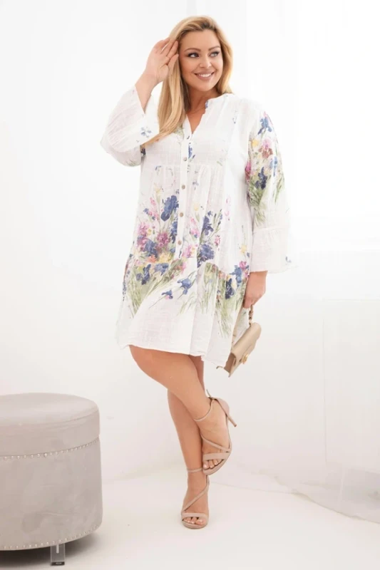 Sukienka damska bawełniana oversize z falbaną i guzikami Plus Size  FLOWER (r.46-48)     ART11276