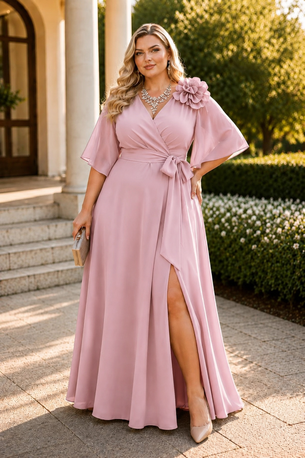 Sukienka wieczorowa plus size CELESTE pink glossy  ( r. 48-50) 