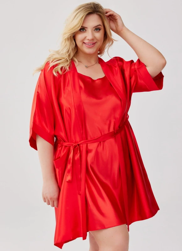 KOMPLET Satynowy szlafrok plus size + koszulka plus size- czerwony Loli (r.44-60)   