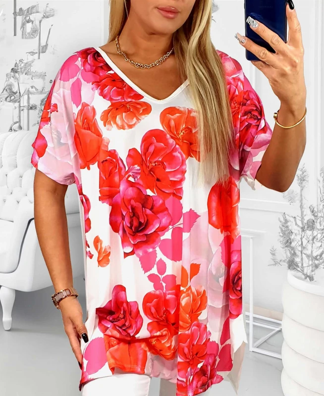 Tunika damska plus size WISKOZA róże czerwone  ( r. 48-56) 