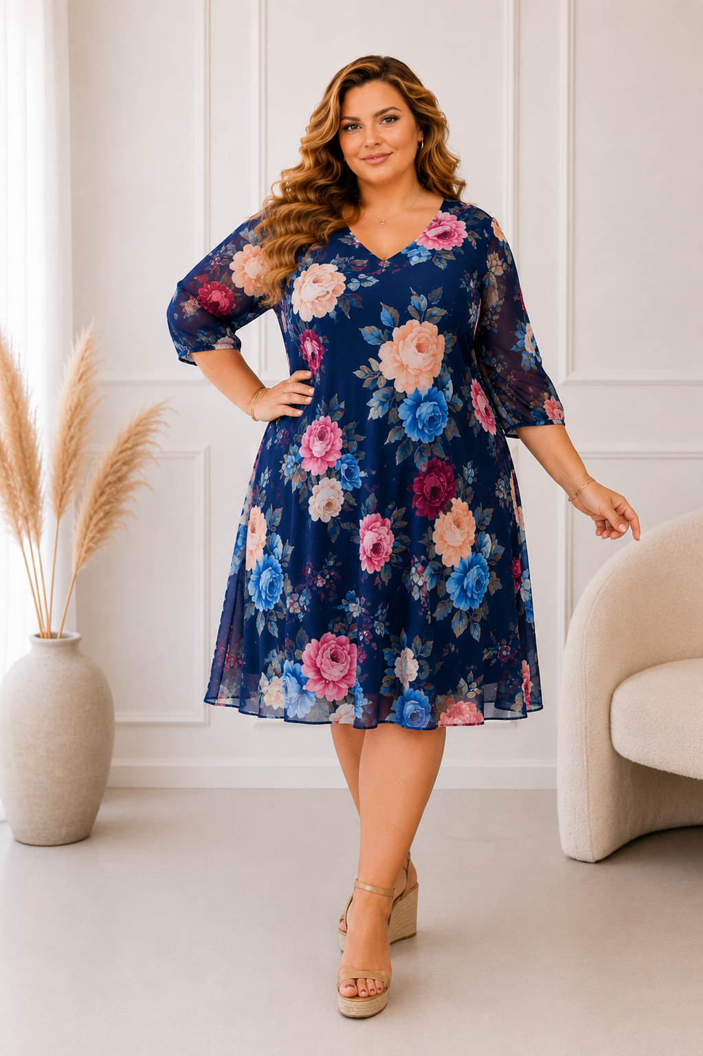 Sukienka Plus Size z Kwiatowym Wzorem ( r. 48-56)  