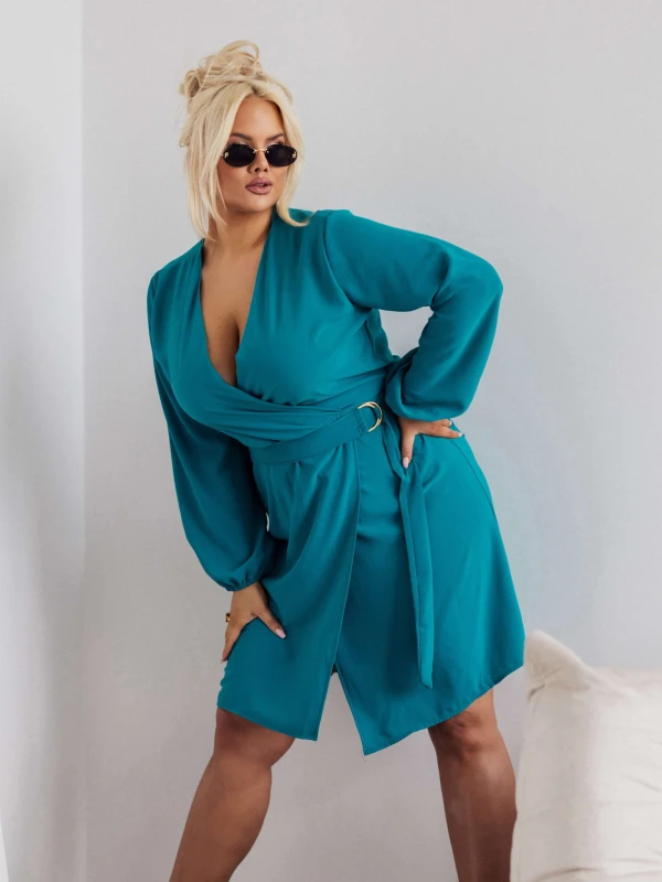 SUKIENKA PLUS SIZE Z PASKIEM I  KOPERTOWYM DEKOLTEM BONI . ( r. 44-50)  