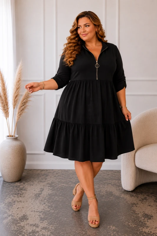 Sukienka plus size z rozpinanym dekoltem na zamek  i falbanką  ( r. 46-54 )   