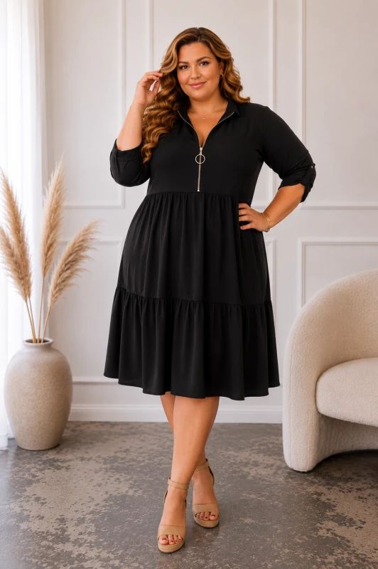 Sukienka plus size z rozpinanym dekoltem na zamek  i falbanką  ( r. 46-54 )   