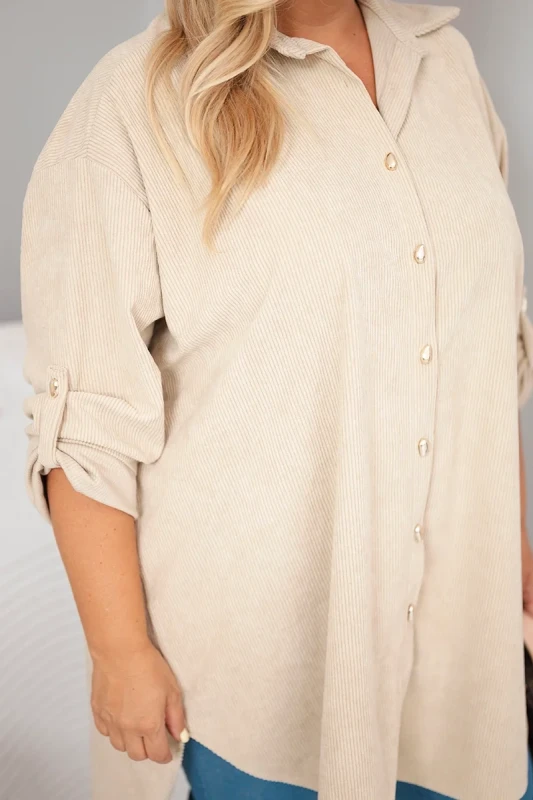Koszula Plus Size z Wiskozy o Strukturze Sztruksu z Podpinanymi Rękawami (r. 50-56) 