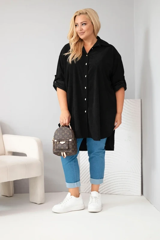 Koszula Plus Size z Wiskozy o Strukturze Sztruksu z Podpinanymi Rękawami (r. 50-56)  