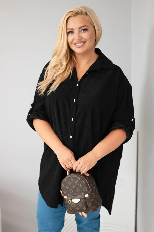 Koszula Plus Size z Wiskozy o Strukturze Sztruksu z Podpinanymi Rękawami (r. 50-56)  