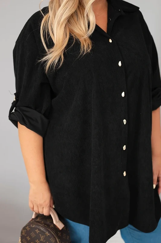 Koszula Plus Size z Wiskozy o Strukturze Sztruksu z Podpinanymi Rękawami (r. 50-56)  