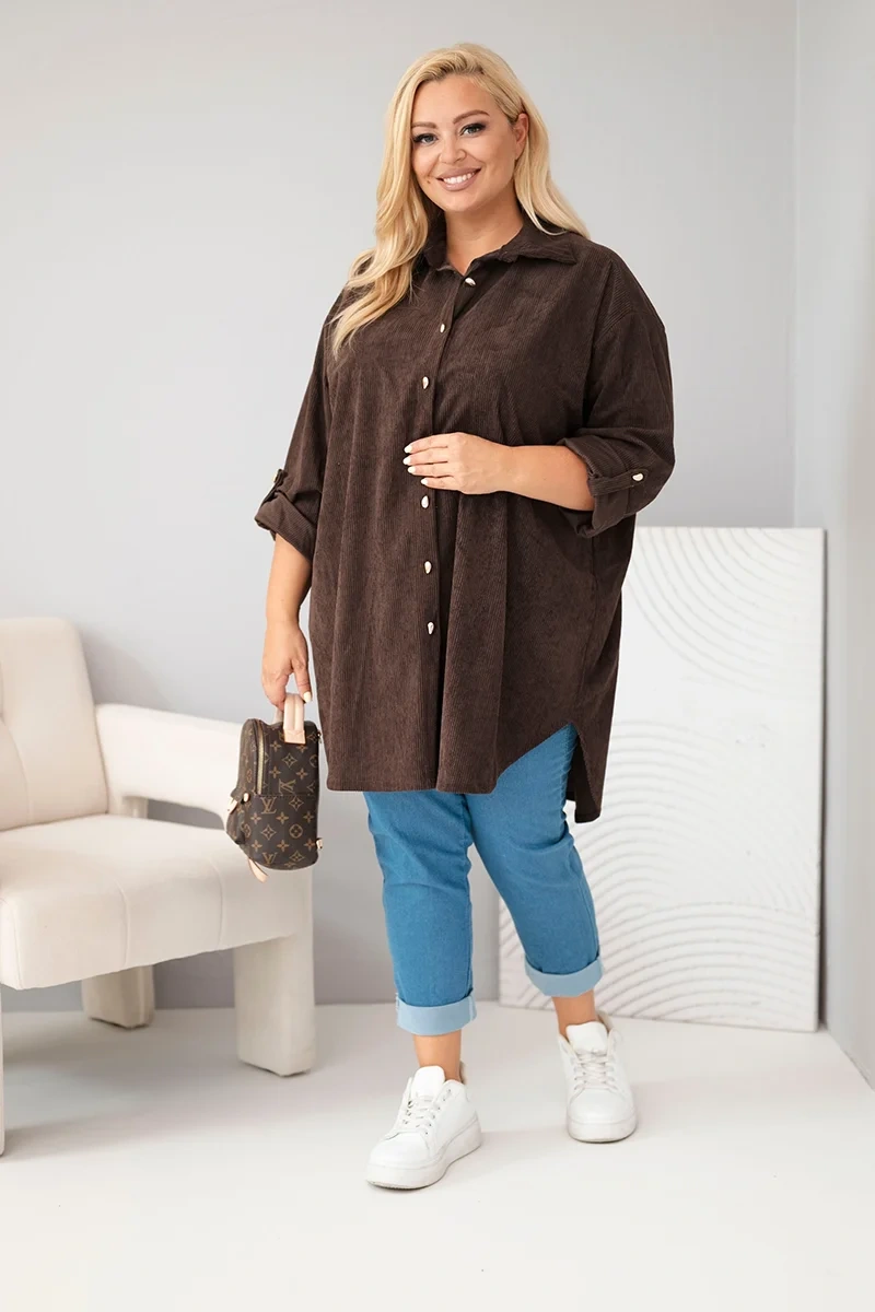 Koszula Plus Size z Wiskozy o Strukturze Sztruksu z Podpinanymi Rękawami (r. 50-56)   