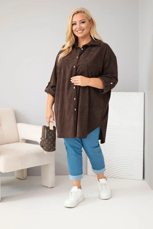 Koszula Plus Size z Wiskozy o Strukturze Sztruksu z Podpinanymi Rękawami (r. 50-56)   