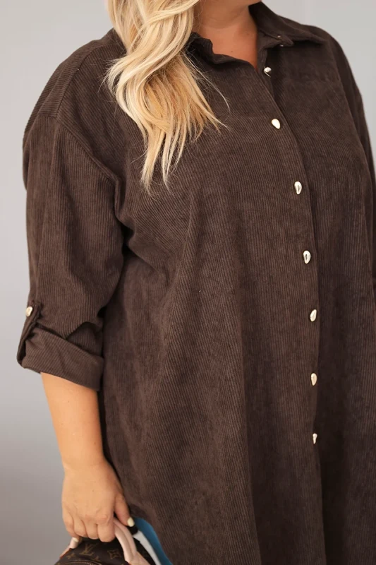 Koszula Plus Size z Wiskozy o Strukturze Sztruksu z Podpinanymi Rękawami (r. 50-56)   