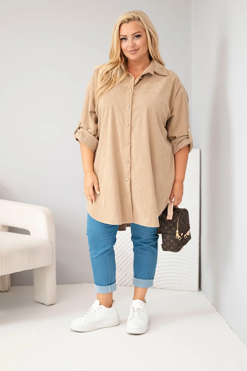 Koszula Plus Size z Wiskozy o Strukturze Sztruksu z Podpinanymi Rękawami (r. 50-56)    