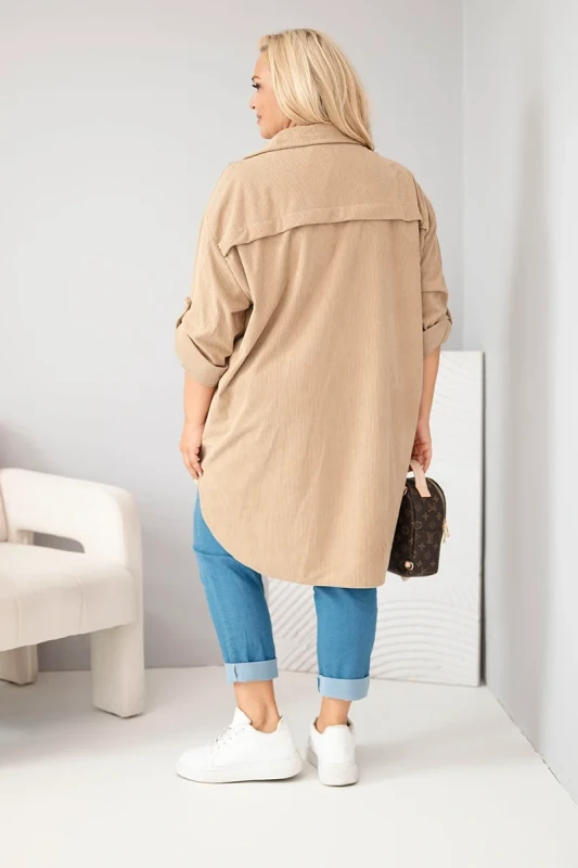 Koszula Plus Size z Wiskozy o Strukturze Sztruksu z Podpinanymi Rękawami (r. 50-56)    