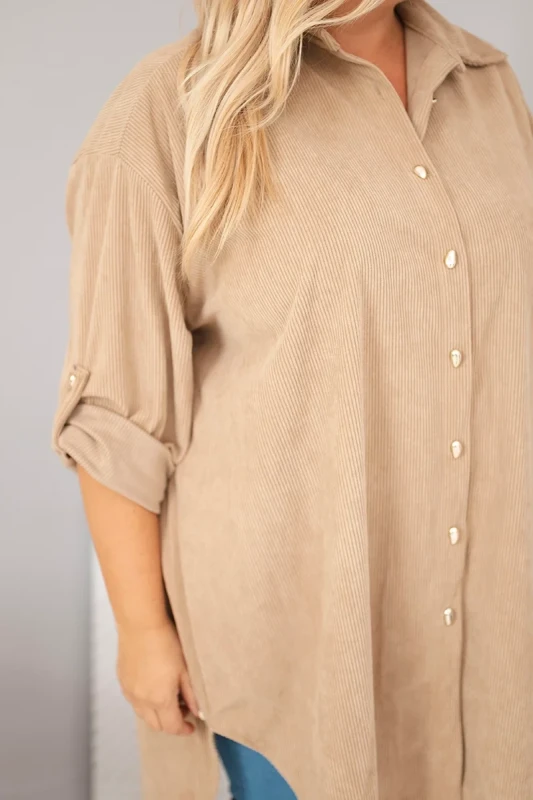 Koszula Plus Size z Wiskozy o Strukturze Sztruksu z Podpinanymi Rękawami (r. 50-56)    