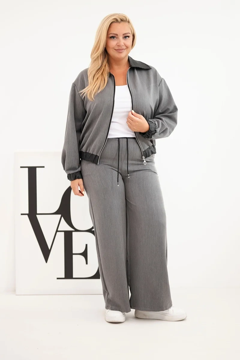 Komplet Plus Size z Rozpinaną Bluzą i Szerokimi Spodniami (r.44/46)   