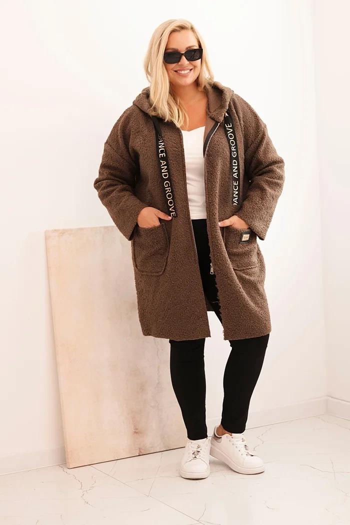 Płaszcz damski Plus Size ze sztucznego baranka z kapturem i kieszeniami ( r. 48-52)  