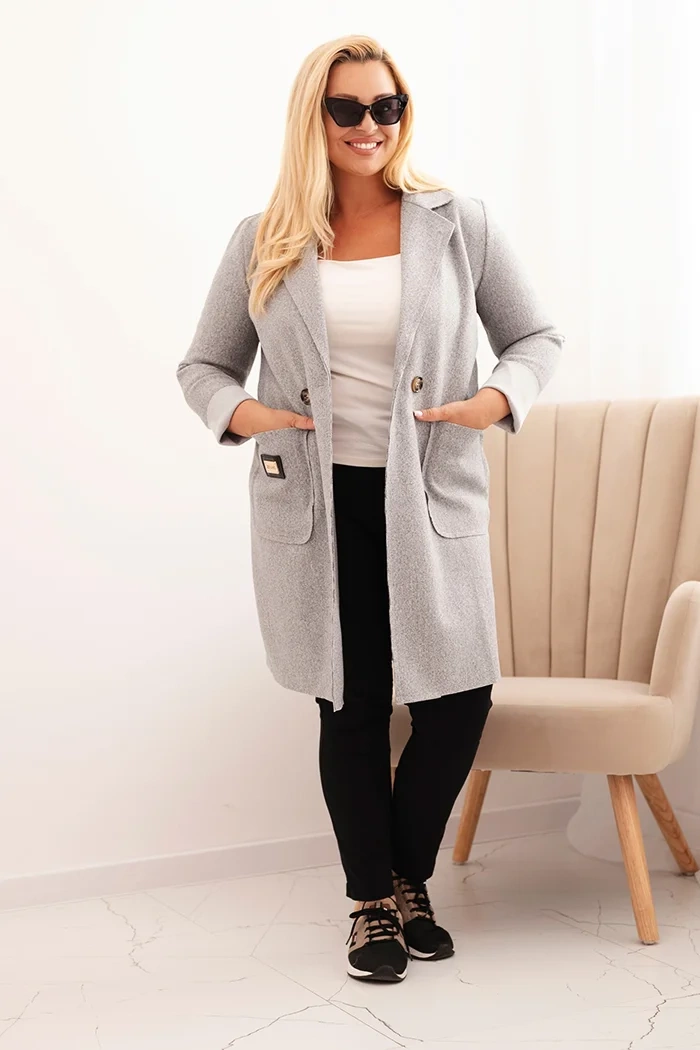 Płaszcz damski elegancki Plus Size z kołnierzem i dużymi kieszeniami (r.44-48)