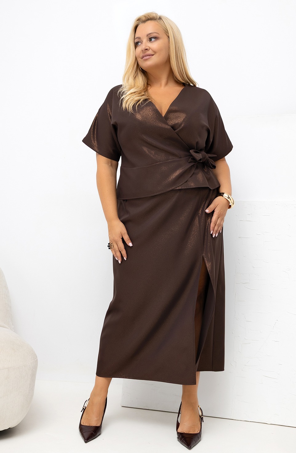 Komplet damski Plus Size AURA bluzka kopertowa i spódnica midi (r.46-52)   