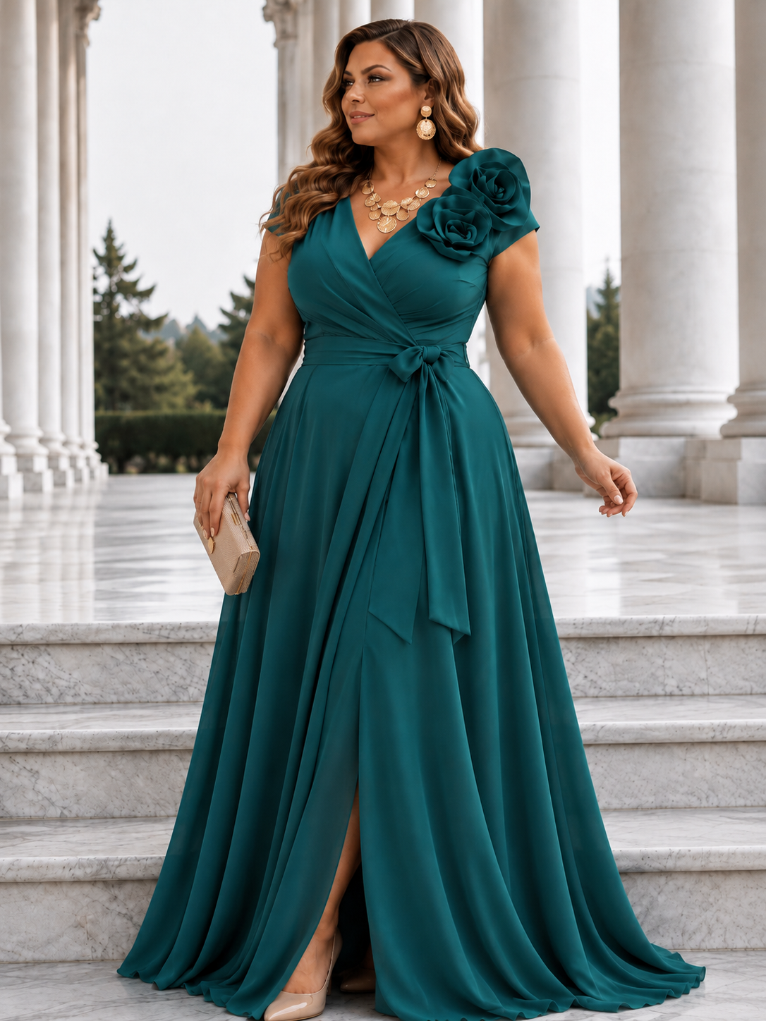 Sukienka wieczorowa plus size NATALIA flower zielona glossy ( r. 48-50)