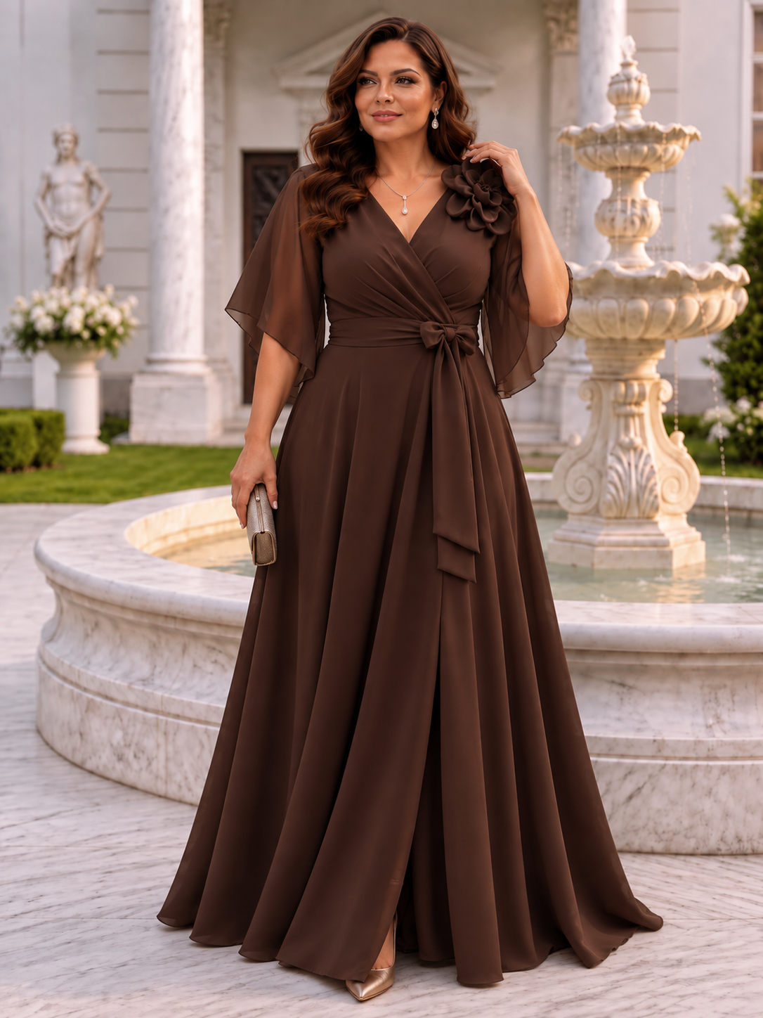 Sukienka wieczorowa plus size CELESTE brąz glossy ( r. 46-54)  