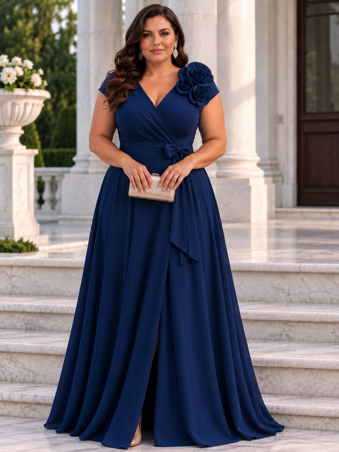Sukienka wieczorowa plus size NATALIA flower granatowa  glossy ( r. 48-50) 