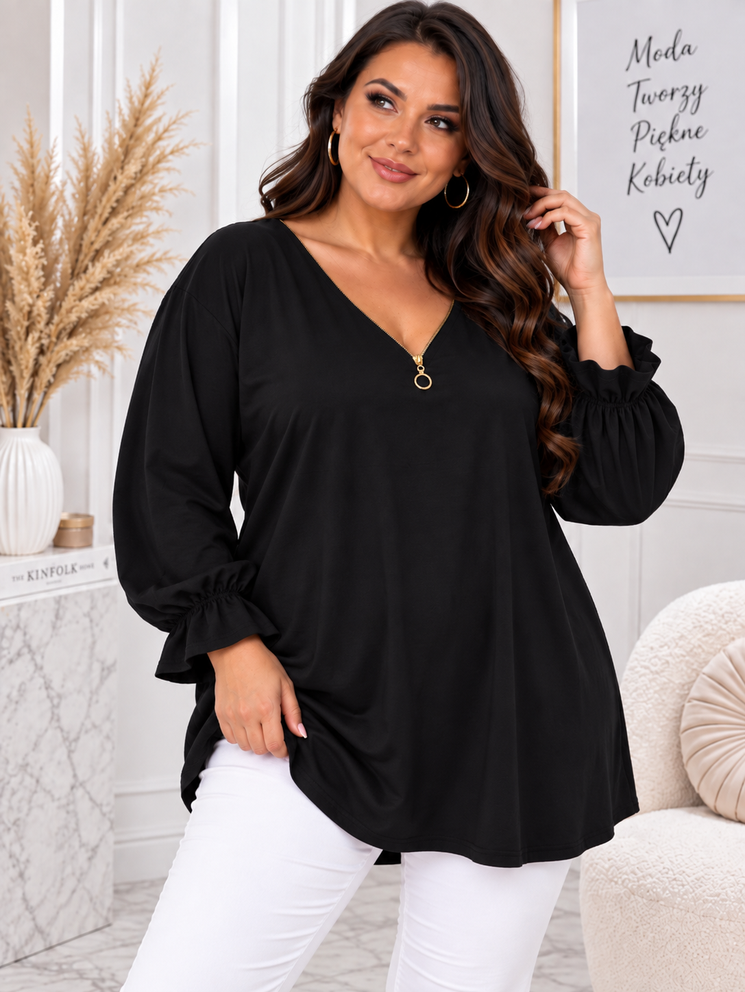 Bluzka plus size z zamkiem na dekolcie  ( r. 48-52) 