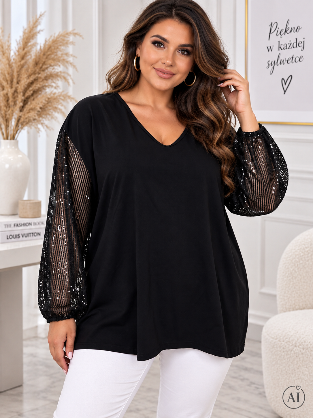 Bluzka plus size z rękawkiem z cekinów ( r. 48-52)  