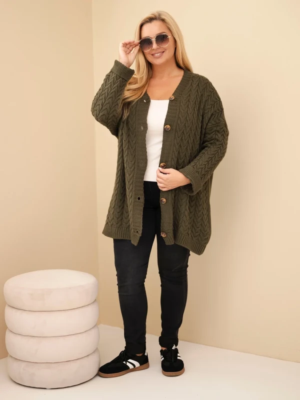 Kardigan damski Plus Size z warkoczowym wzorem – długi sweter rozpinany 48–54
