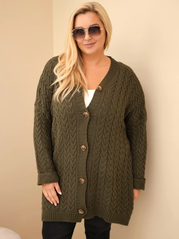 Kardigan damski Plus Size z warkoczowym wzorem – długi sweter rozpinany 48–54