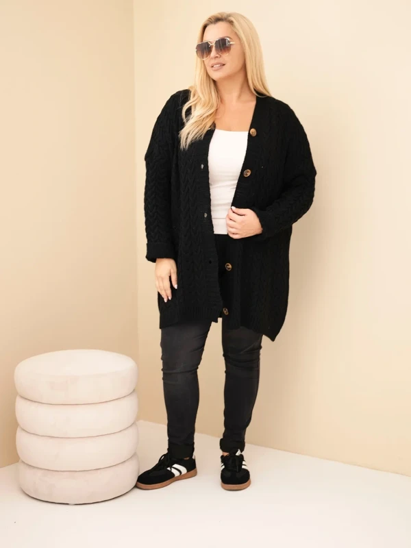 Kardigan damski Plus Size z warkoczowym wzorem – długi sweter rozpinany 48–54 