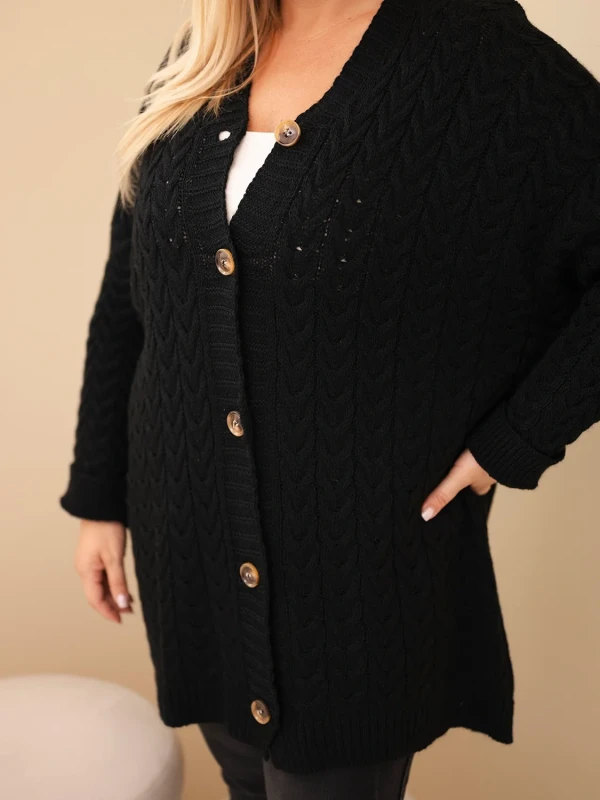 Kardigan damski Plus Size z warkoczowym wzorem – długi sweter rozpinany 48–54 