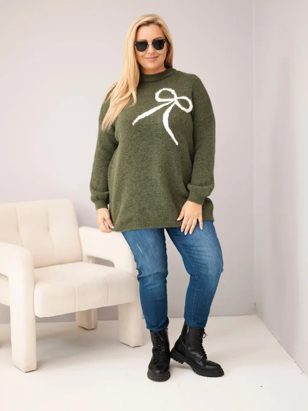 Sweter damski Plus Size z wełną i kokardą – długi sweter 46–50
