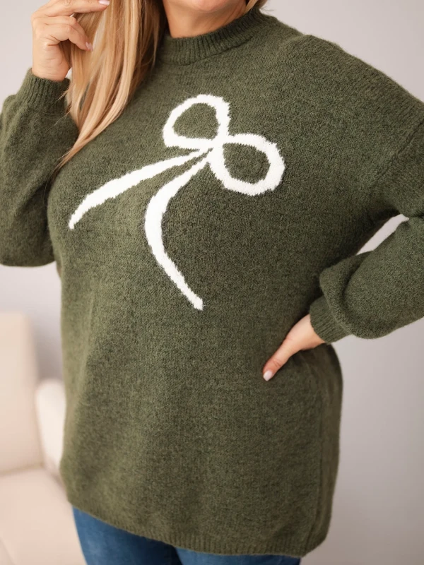 Sweter damski Plus Size z wełną i kokardą – długi sweter 46–50