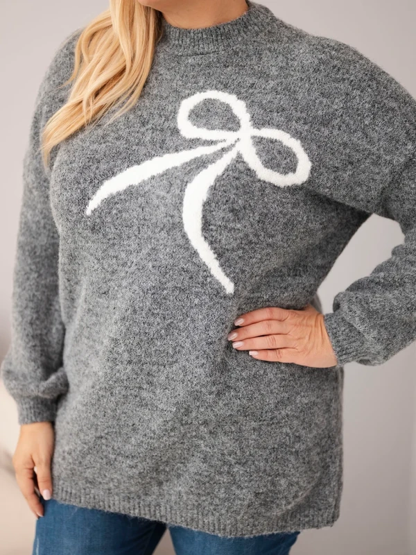 Sweter damski Plus Size z wełną i kokardą – długi sweter 46–50