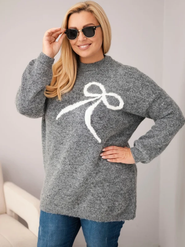 Sweter damski Plus Size z wełną i kokardą – długi sweter 46–50
