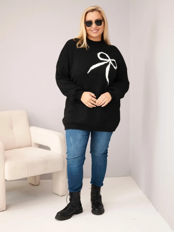 Sweter damski Plus Size z wełną i kokardą – długi sweter 46–50
