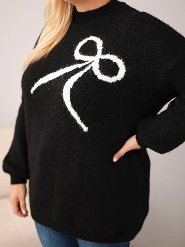 Sweter damski Plus Size z wełną i kokardą – długi sweter 46–50