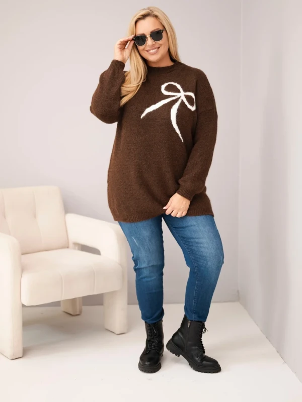 Sweter damski Plus Size z wełną i kokardą – długi sweter 46–50