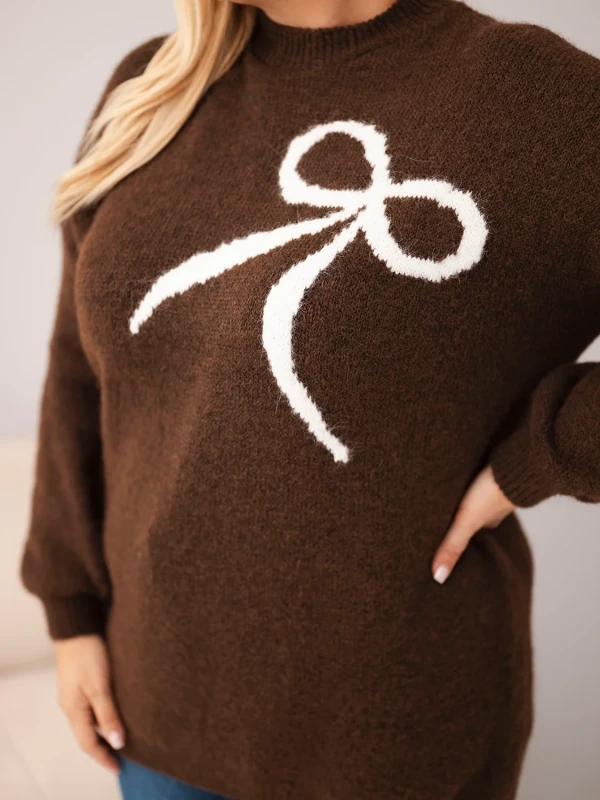 Sweter damski Plus Size z wełną i kokardą – długi sweter 46–50